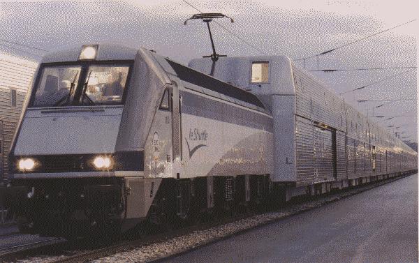Le Shuttle locomotive pulling a passenger rake